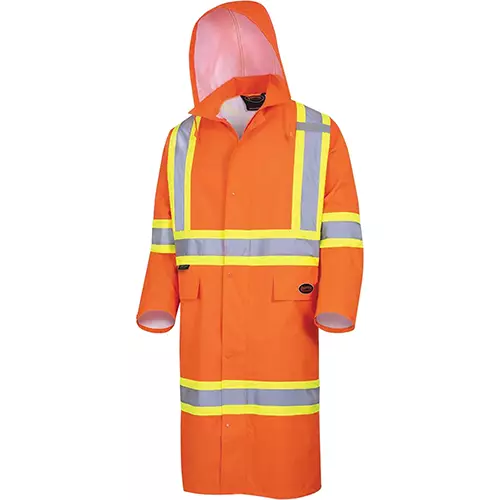 "The Rock" Hi-Vis 300D Oxford Poly Long Coat – PU Coated – Detachable Hood – Hi-Vis Orange – S