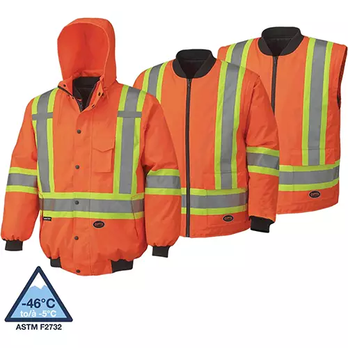 Hi-Vis 7-in-1 Bomber – 100% Waterproof – Detachable Hood – Hi-Vis Orange – XS