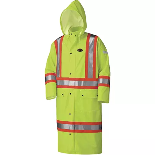 Hi-Vis FR Long Coat – PU Stretch – Waterproof – Detachable Hood – Hi-Vis Yellow/Green – XS