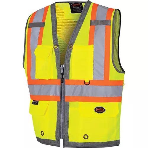 Hi-Vis 300D Oxford Poly Mesh Surveyor's Safety Vest – Mesh Back- Zipper Closure – Hi-Vis Yellow/Green – 5XL