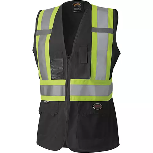 Women's Hi-Vis Tricot Poly Interlock Safety Vest – Zipper Closure – Black – XS