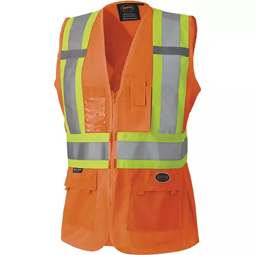 Women's Hi-Vis Tricot Poly Interlock Safety Vest – Zipper Closure – Hi-Vis Orange – XS