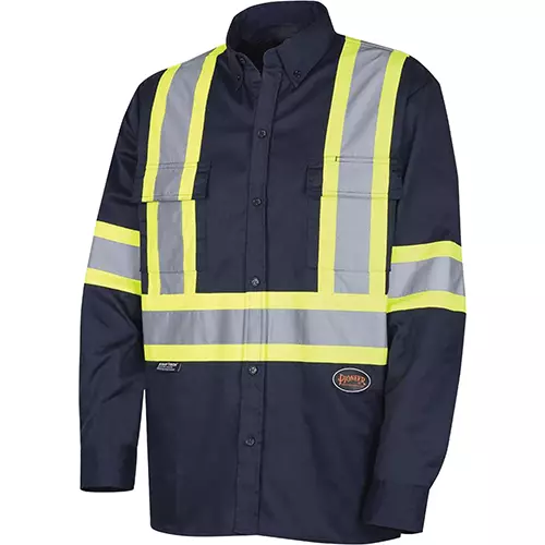 Hi-Vis Poly/Cotton Safety Work Shirt – Button –Down – Navy – S