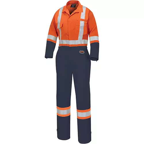 Women's 2-Tone Poly/Cotton Safety Coveralls – Zipper Closure – Orange/Navy – XS
