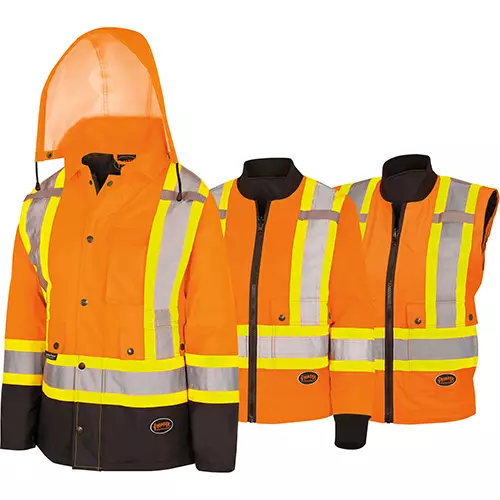 Women's Hi-Vis 7-in-1 Jacket – Waterproof – Detachable Hood – Black Bottom – Hi-Vis Orange – XS