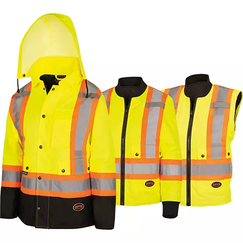 Women's Hi-Vis 7-in-1 Jacket – Waterproof – Detachable Hood – Black Bottom – Hi-Vis Yellow – XS