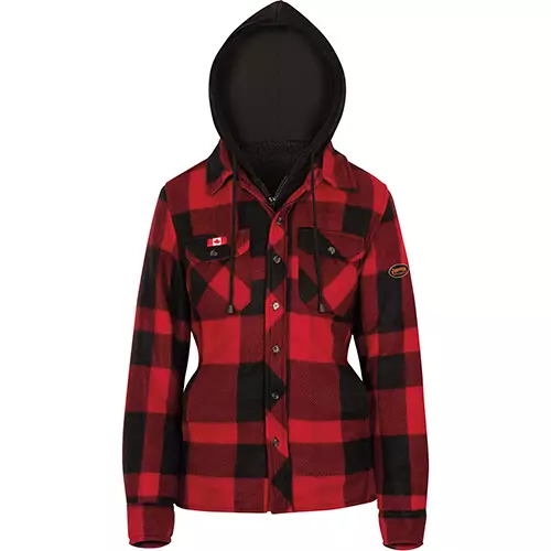 Women’s Quilted Polar Fleece Hooded Shirt – Red/Black Plaid – XS