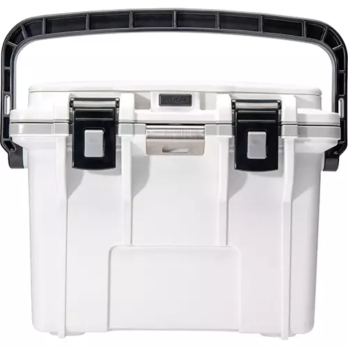Pelican Personal Cooler with dry box, integrated bottle opener, removable inner tray 14 quart, White – Gray