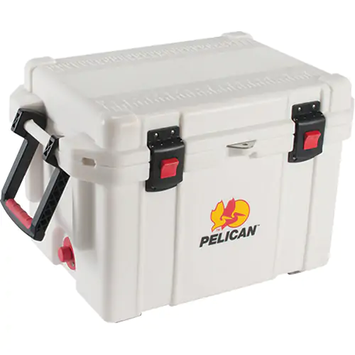 Pelican Elite Cooler 52.87 quart capacity for 38 cans or 47lbs of ice with fish ruler, cup holders and bottle opener, White – Gr