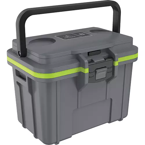Pelican Personal Cooler 8 quart capacity for 6-8 cans with dry box lid, removable tray and integrated ice pack, Dark Gray – Gree