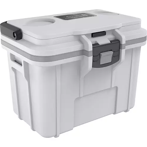 Pelican Personal Cooler 8 quart capacity for 6-8 cans with dry box lid, removable tray and integrated ice pack, White – Gray