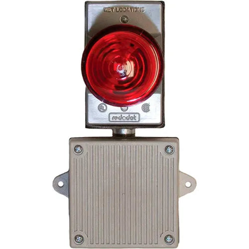 Remote audible alarm with mounted visual strobe and guard, includes 50 ft. cable and 9-12 VDC