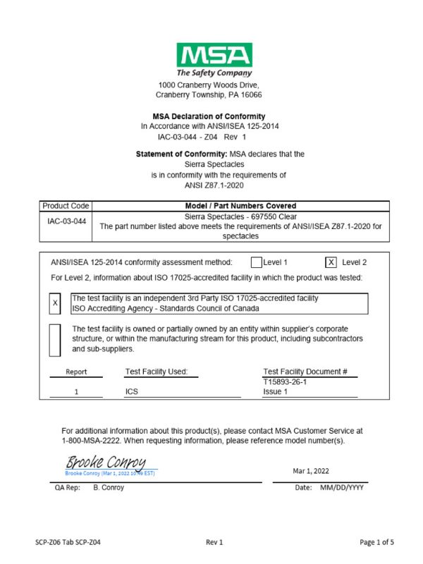 CERT OF CONFORMANCE