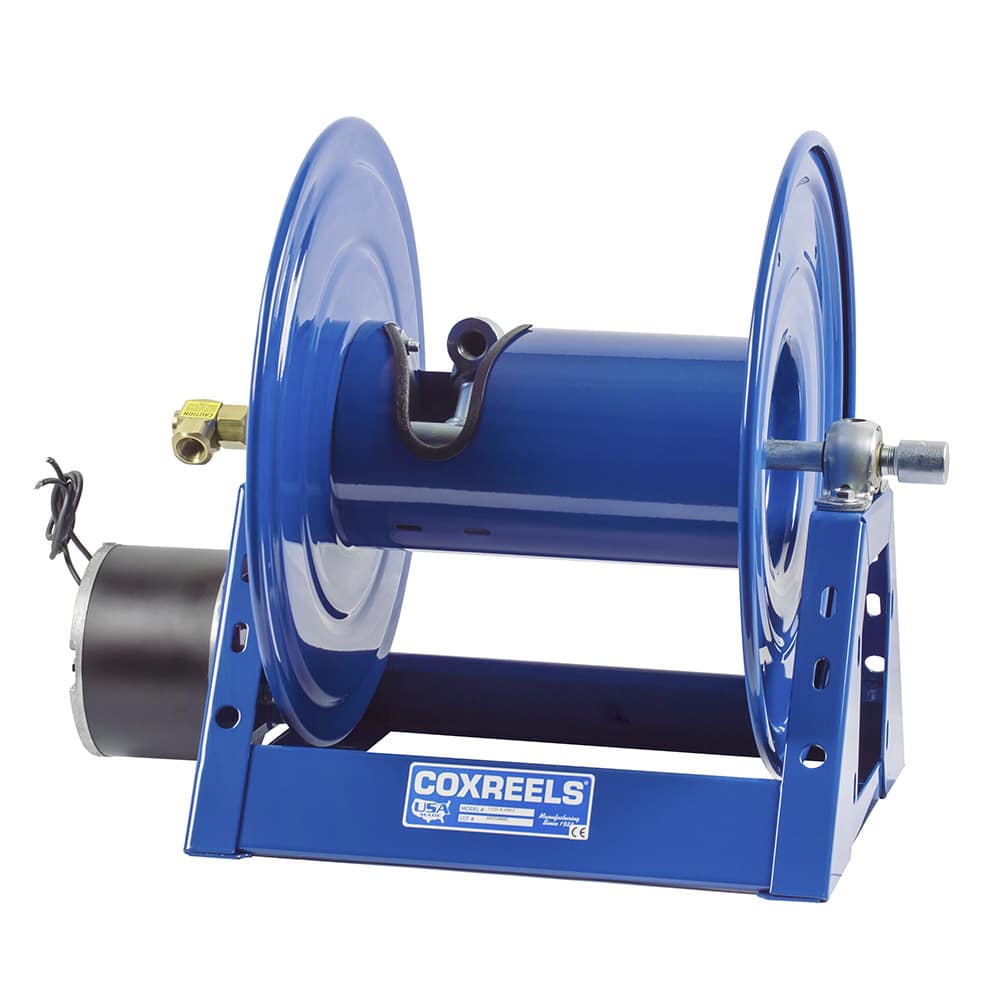 Coxreels 12V Electric DC Non-Explosion Proof Motor Rewind Hose Reel: 1 1/2" I.D., 70' hose capacity, less hose, 1500 PSI