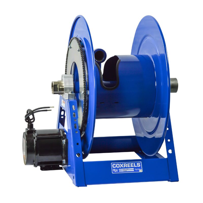 Coxreels 12V Electric DC Non-Explosion Proof Motor Rewind Hose Reel: 1 1/2" I.D., 70' hose capacity, captive bearing swivel, les
