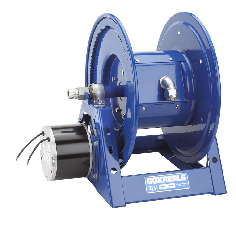 Coxreels Air Motor Rewind Cord Reel: 3 Conductors, 220' of 12/4 cord capacity or 175' of 12/4, less cord, 600V, 30 AMPS