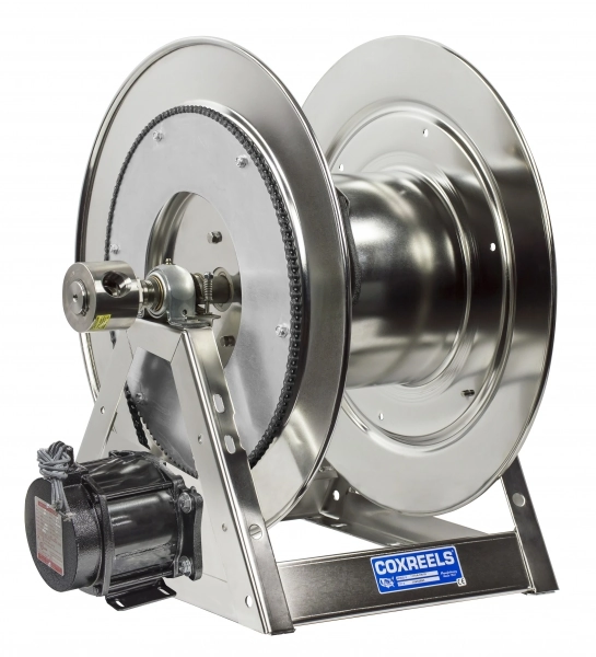 Coxreels Stainless Steel Compressed Air #4 Gast Motor Rewind Hose Reel: 3/4" I.D., 100' hose capacity, less hose, 3000 PSI