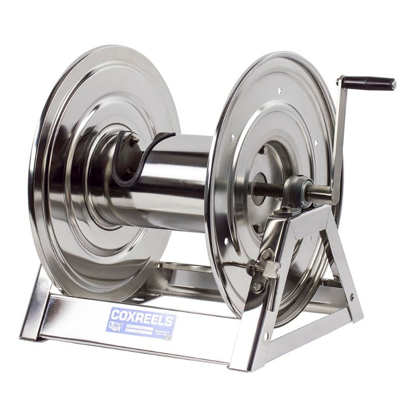 Coxreels Stainless Steel Hydraulic Rewind Hose Reel: 1/2" I.D., 100' hose capacity, less hose, 3000 PSI