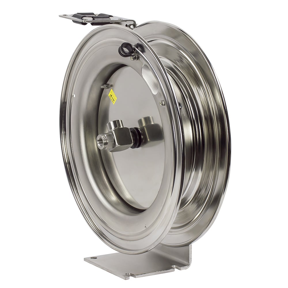 Coxreels Stainless Steel Hydraulic Rewind Hose Reel: 1/2" I.D., 200' hose capacity, less hose, 3000 PSI