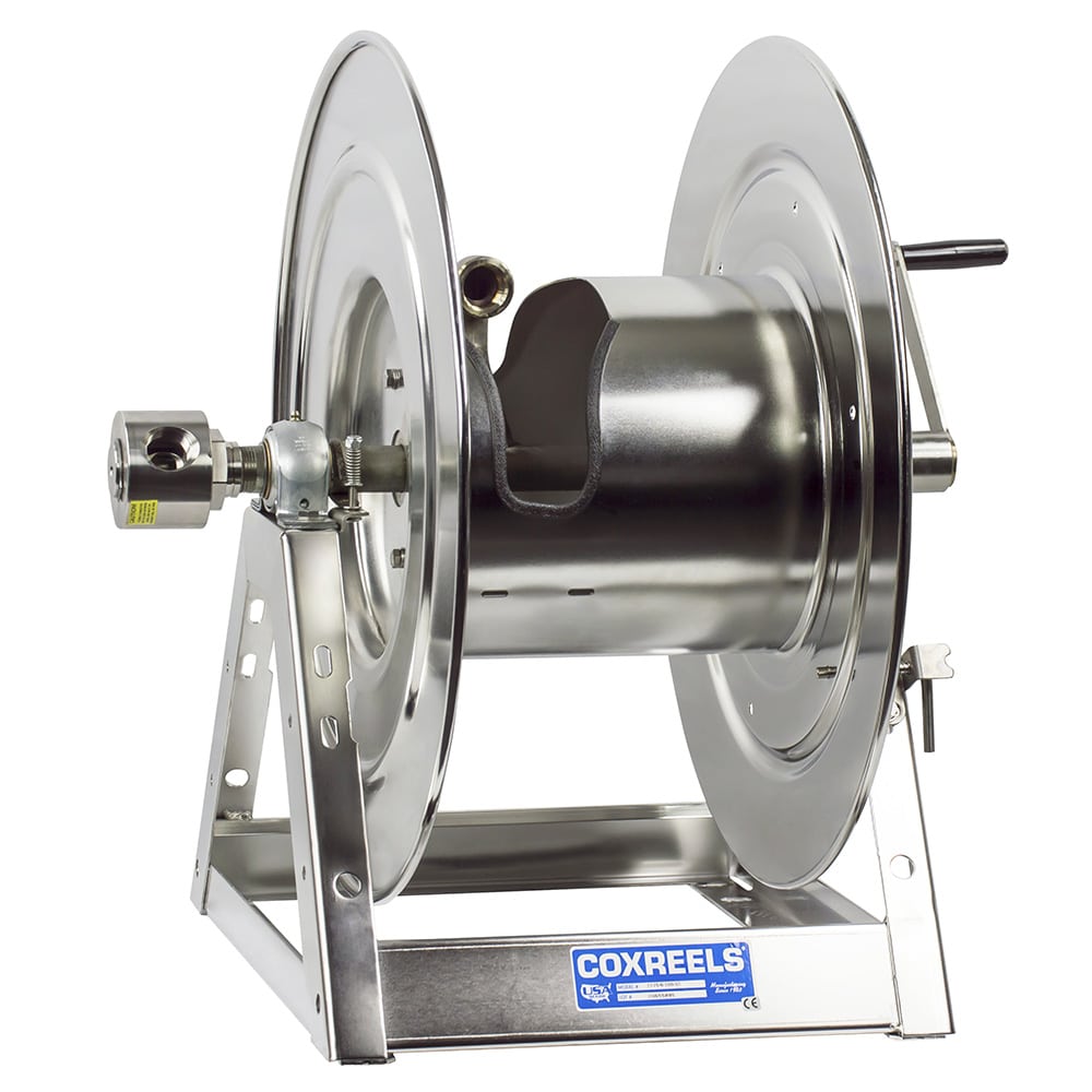 Coxreels Stainless Steel Hydraulic Rewind Hose Reel: 1" I.D., 100' hose capacity, less hose, 3000 PSI
