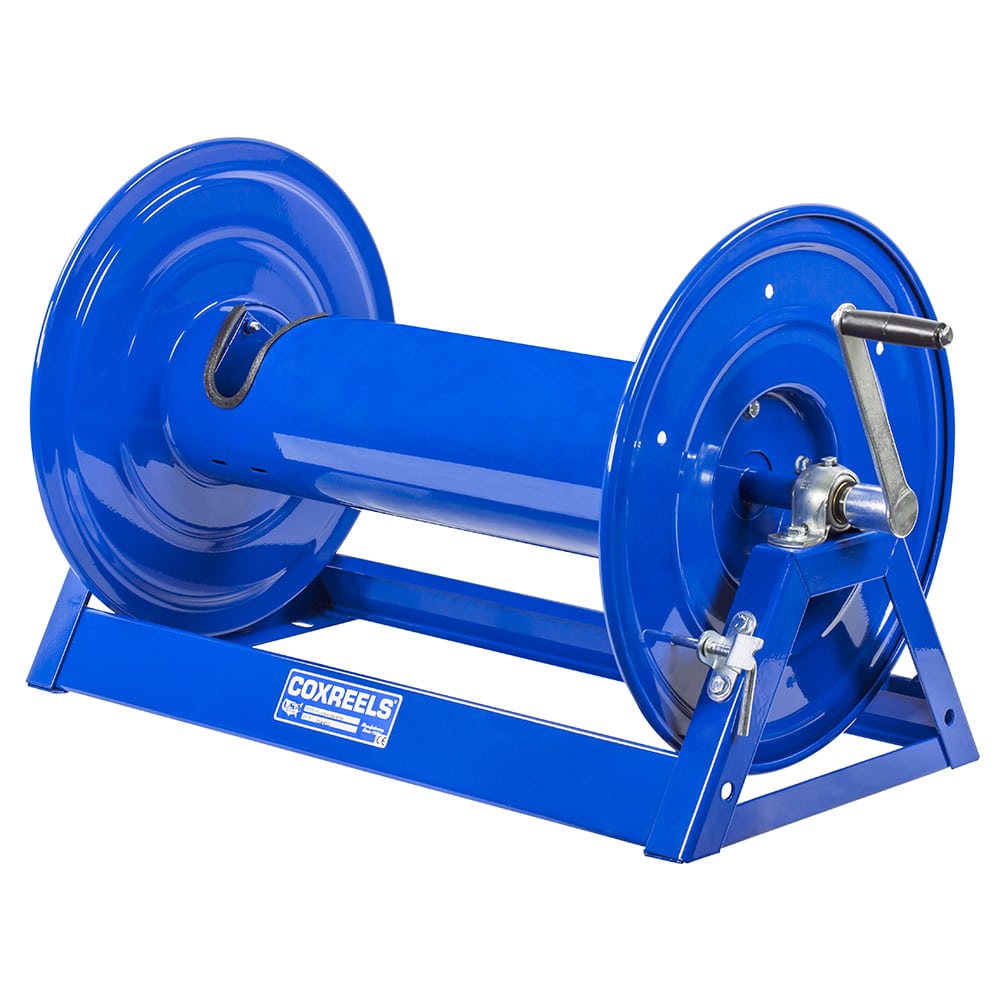 Coxreels Hydraulic Motor Rewind Storage Hose Reel: multiple hose capacity, less hose