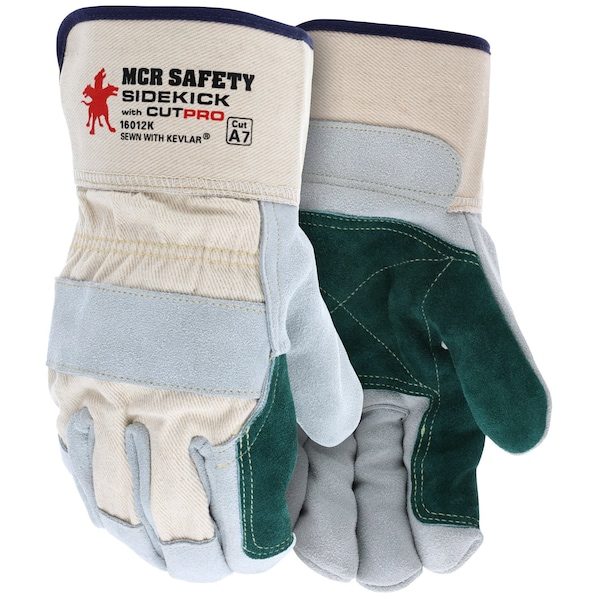 MCR Safety Gloves Side Double Leather Palm W/A7 Kevlar L (16012KL)