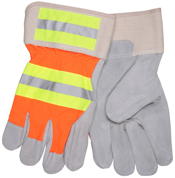 MCR Safety Gloves Reflective Pig Leather Palm, Orange (19251L)