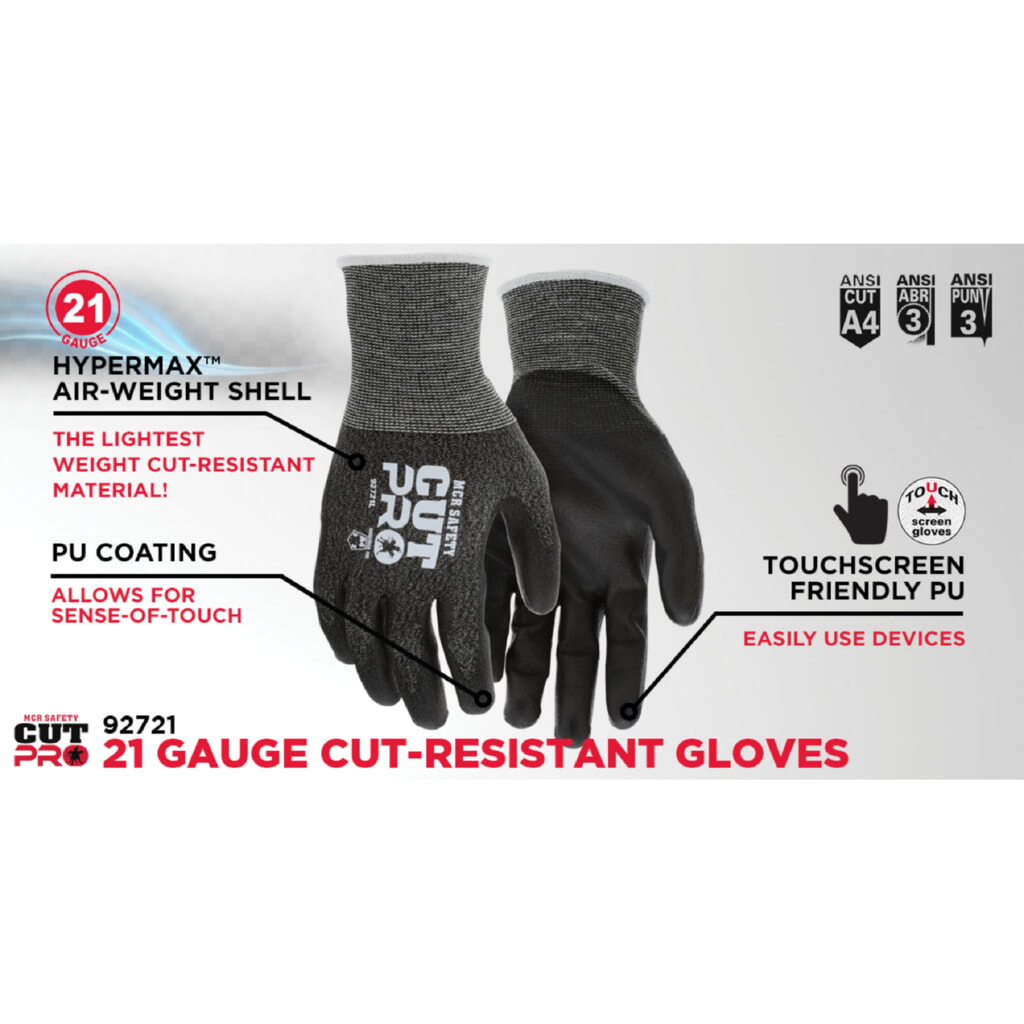MCR Safety Gloves 21g,CutPro, S&P HyperMax,Black PU S (92721S)