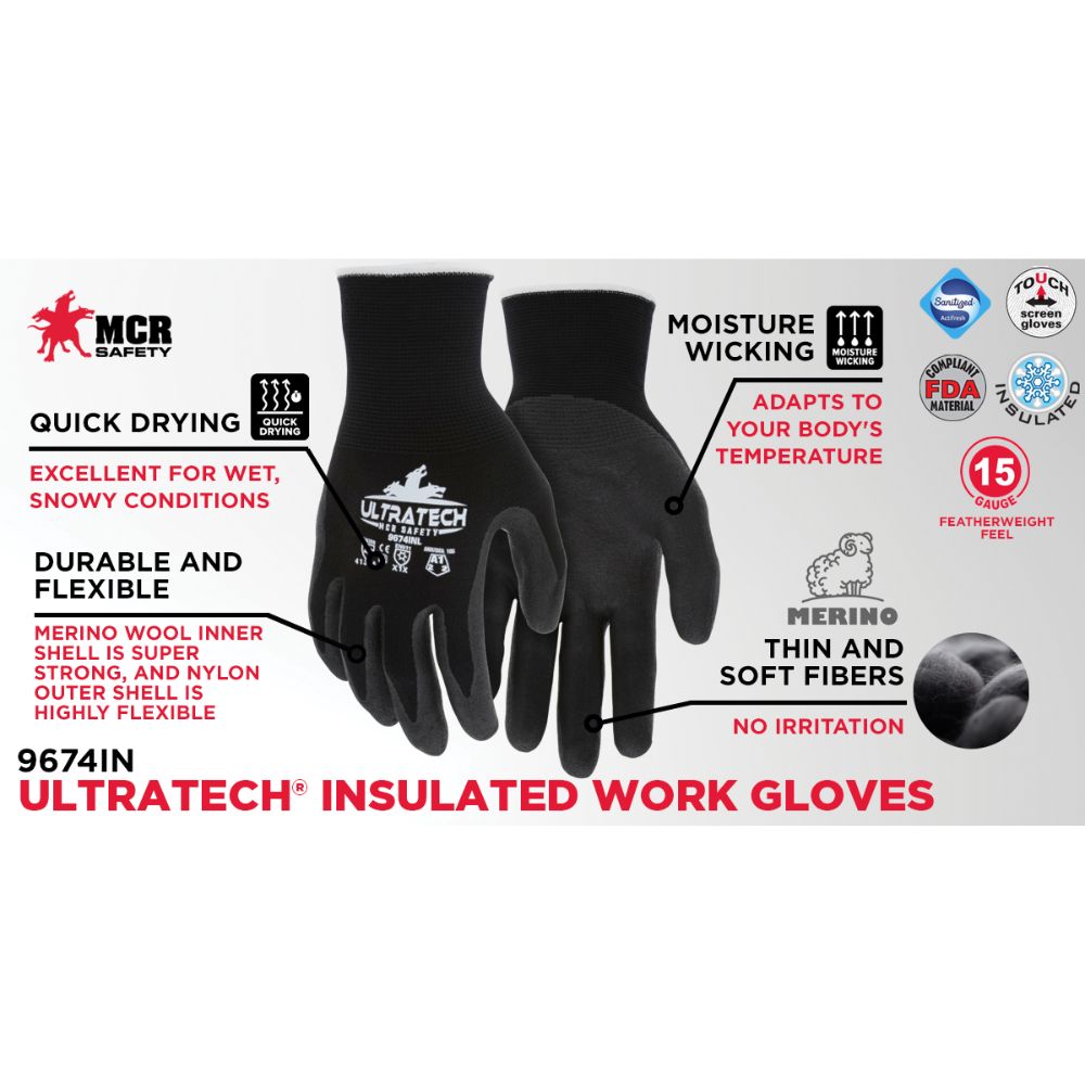 MCR Safety Gloves UltraTech,15g Nylon/Merino Wool, Nitrile (9674INS)