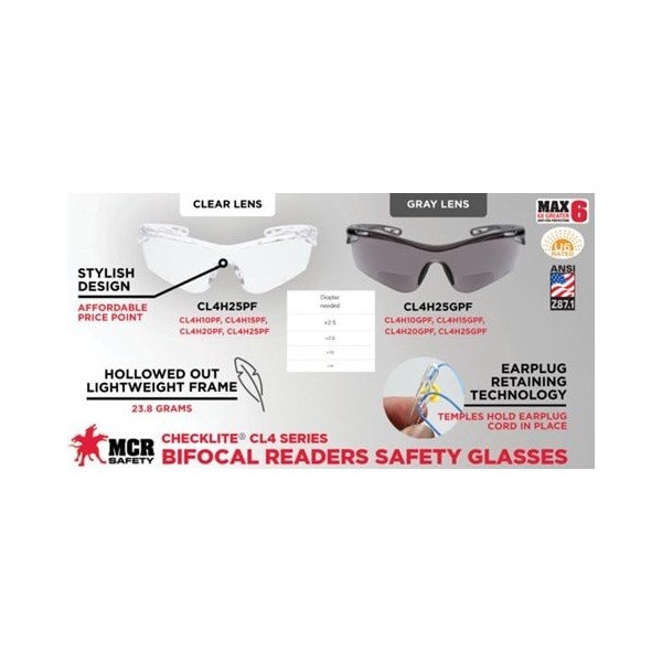 MCR Safety Glasses Checklite CL4 Clear 1.0 Reader (CL4H10)