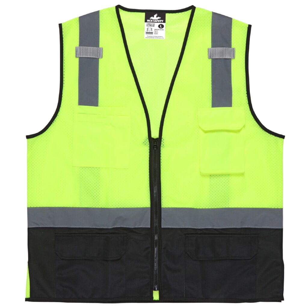 MCR Safety Garments Lime Green,Class2,Black Bottom,Zip,Mesh (CL2MLSZXL)