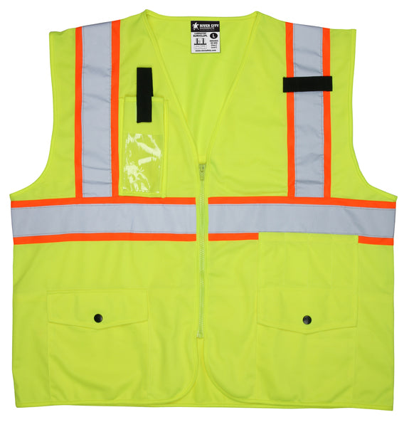 MCR Safety Garments Class2,Survey Pocket, Lime,Silv/Orange X (SURVCL2PLX4)