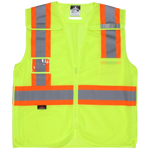 MCR Safety Garments Lime,Cl 2,Zip,Mesh,5 pt. brk,Org. Trm XL (V2210XL)
