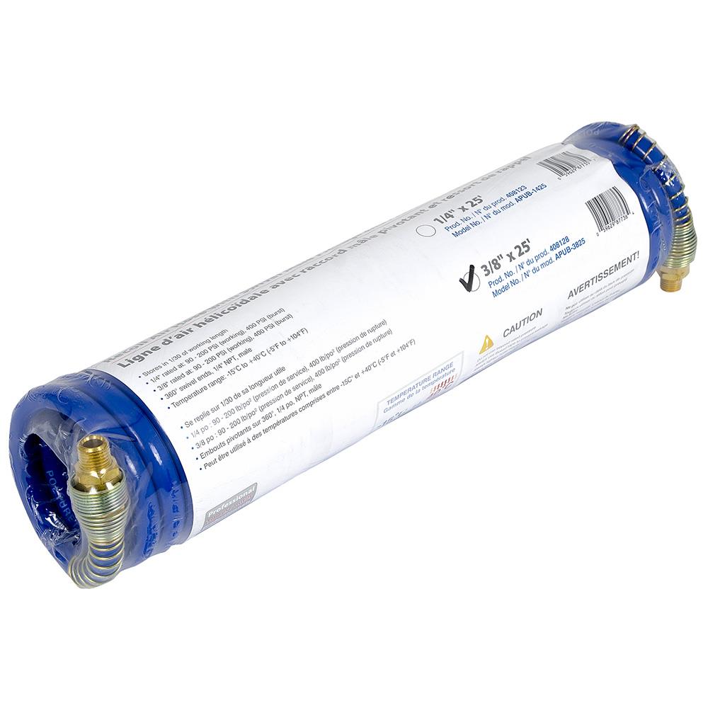 3/8" x 25' Recoil Air Hose with Swivel Male Fittings and Protective Spring