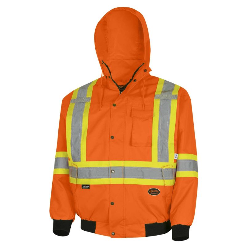 Hi-Vis Winter Safety Bomber – 100% Waterproof – Detachable Hood – Hi-Vis Orange – M