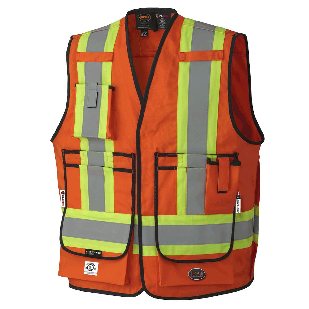 FR-Tech® Hi-Vis 88/12 7 oz FR/ARC-Rated Surveyor's Safety Vest – Snap Closure – Hi-Vis Orange – 2XL