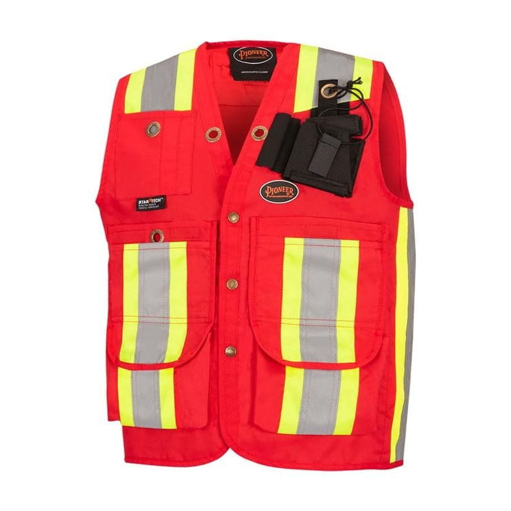 Hi-Vis 600D PU-Coated Oxford Poly Surveyor's Safety Vest – Snap Closure – Red – M