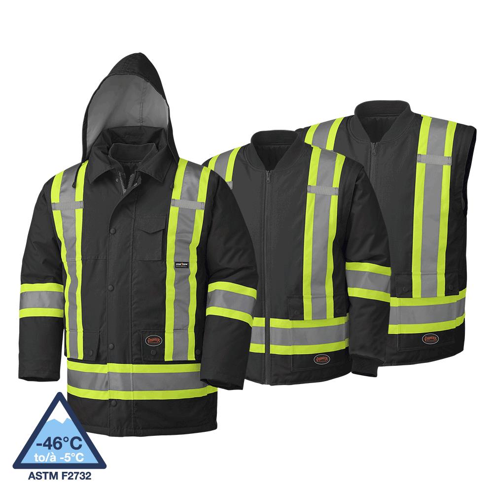 Hi-Vis 7-in-1 Parka – 100% Waterproof – Detachable Hood – Black – M