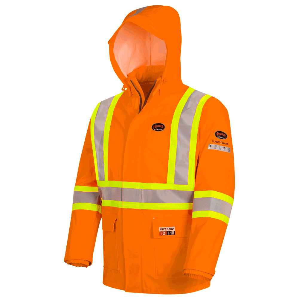Hi-Vis FR/ARC-Rated Poly/Cotton Rain Jacket – Waterproof – Hi-Vis Orange – M