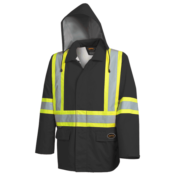 Hi-Vis FR Jacket – PU Stretch – Waterproof – Detachable Hood – Black – 5XL