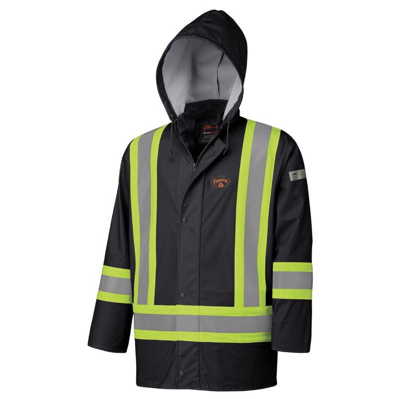Hi-Vis FR Jacket – PU Stretch – Waterproof – Detachable Hood – Black – S