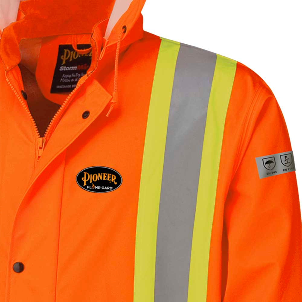 Hi-Vis FR Jacket – PU Stretch – Waterproof – Detachable Hood – Pockets – Hi-Vis Orange – 5XL