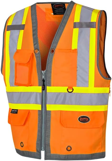 Hi-Vis 300D Oxford Poly Mesh Surveyor's Safety Vest – Mesh Back- Zipper Closure – Hi-Vis Orange – M