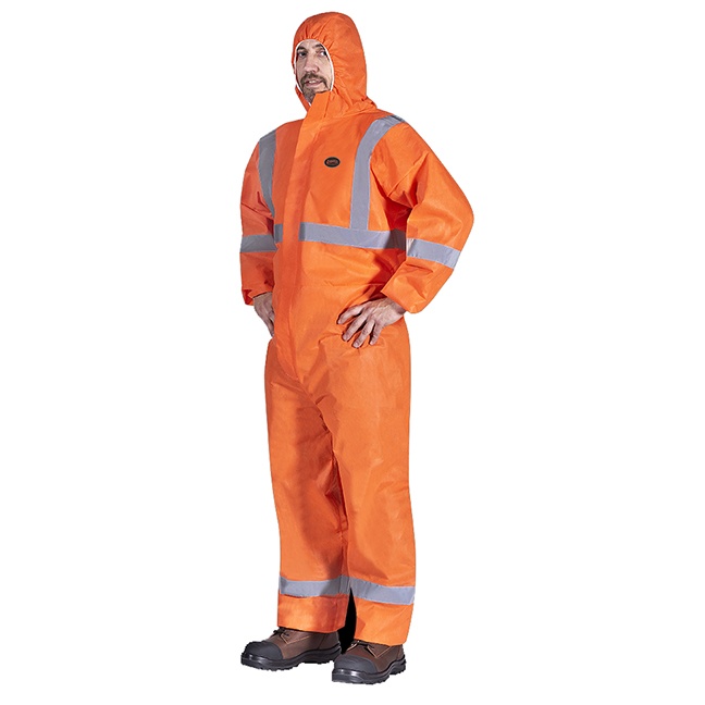 Hi-Vis SMS Disposable Coveralls – Reflective Tape – Zipper Closure – 50/CS – Orange – L