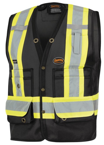 Hi-Vis 150D Poly Twill Surveyor's Safety Vest – Snap Closure – Black – L