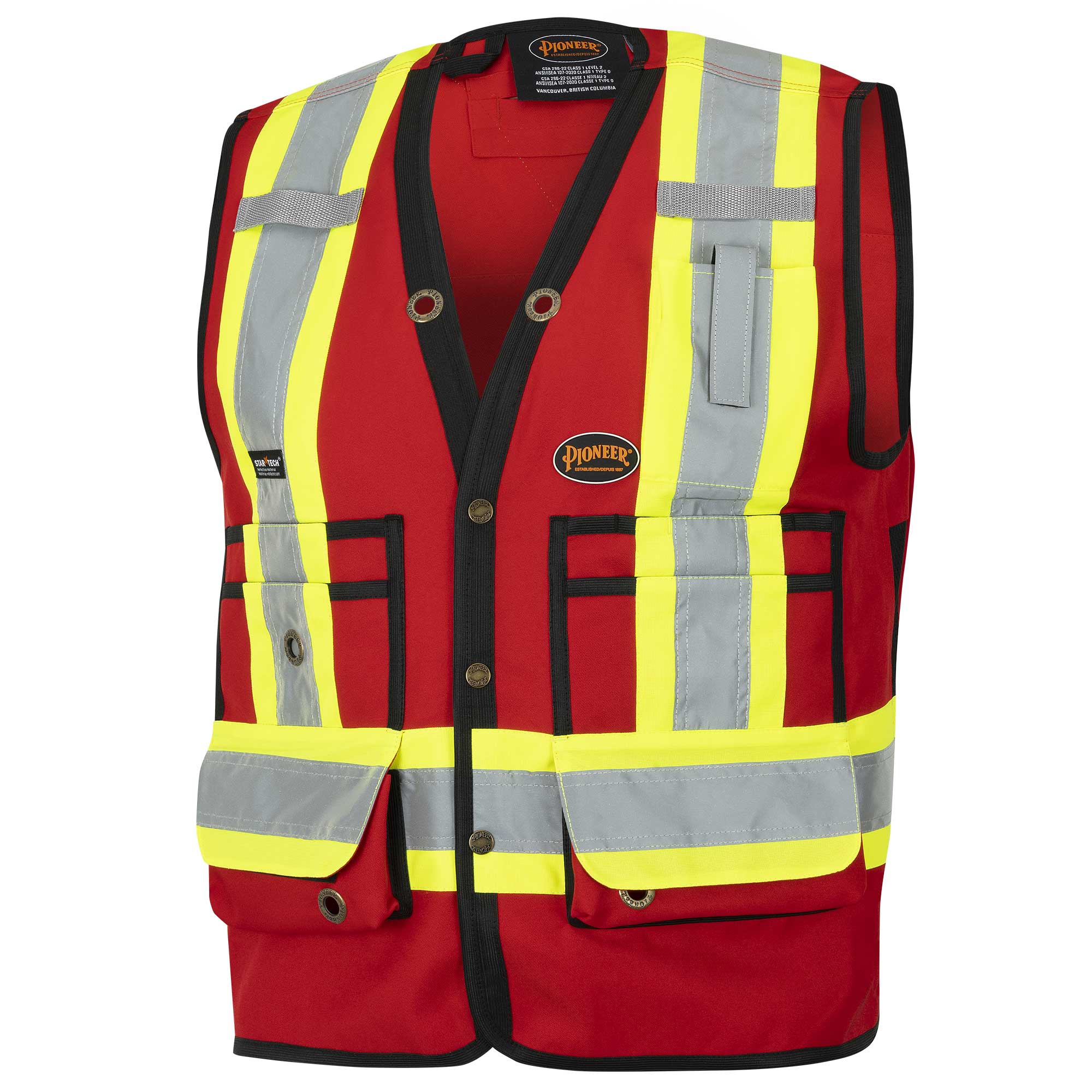 Hi-Vis 150D Poly Twill Surveyor's Safety Vest – Snap Closure – Red – 2XL