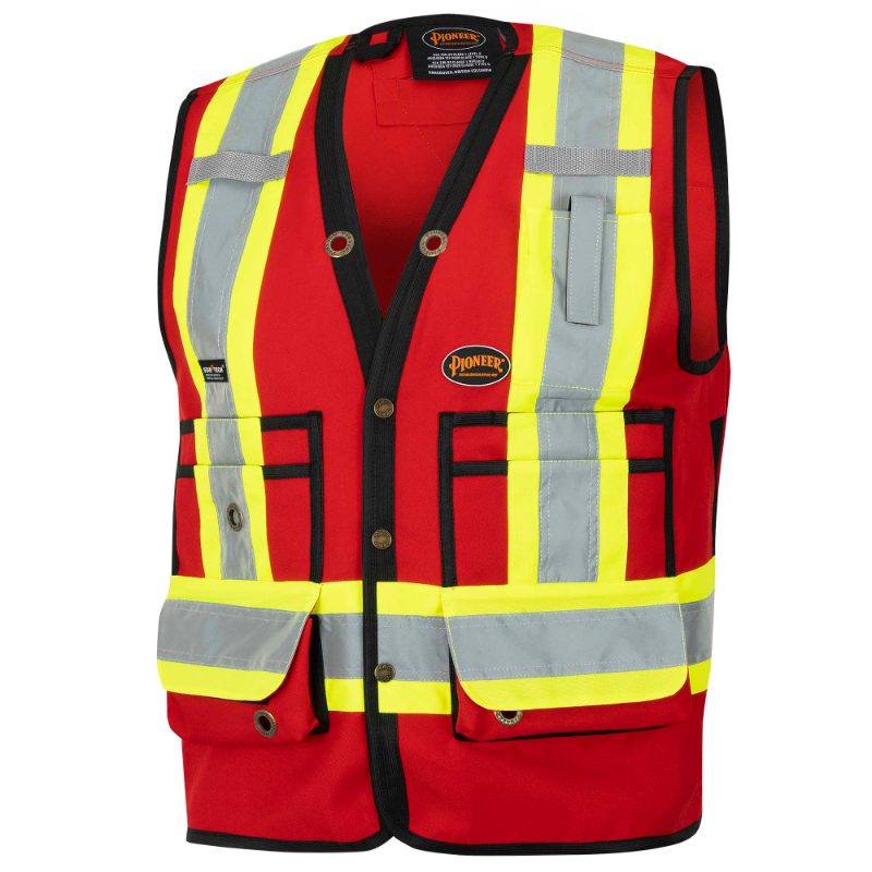 Hi-Vis 150D Poly Twill Surveyor's Safety Vest – Snap Closure – Red – 4XL