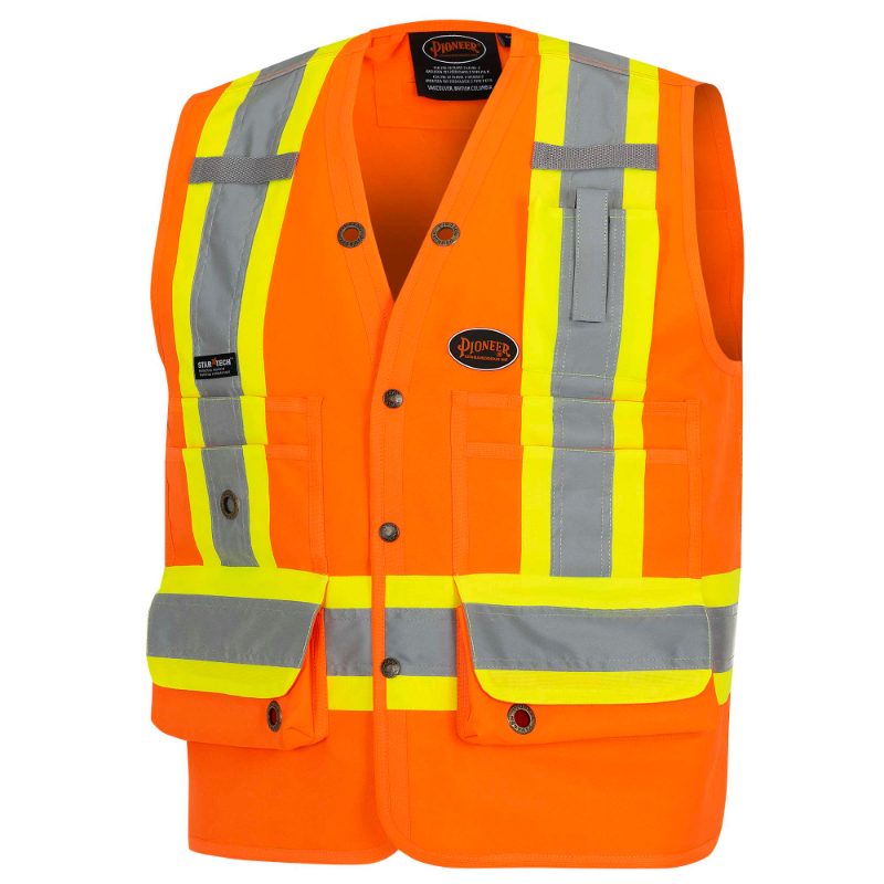 Hi-Vis 150D Poly Twill Surveyor's Safety Vest – Snap Closure – Red – M