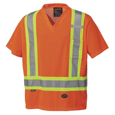 Hi-Vis Poly Mesh Safety T-Shirt – Chest Pocket – Hi-Vis Orange – L
