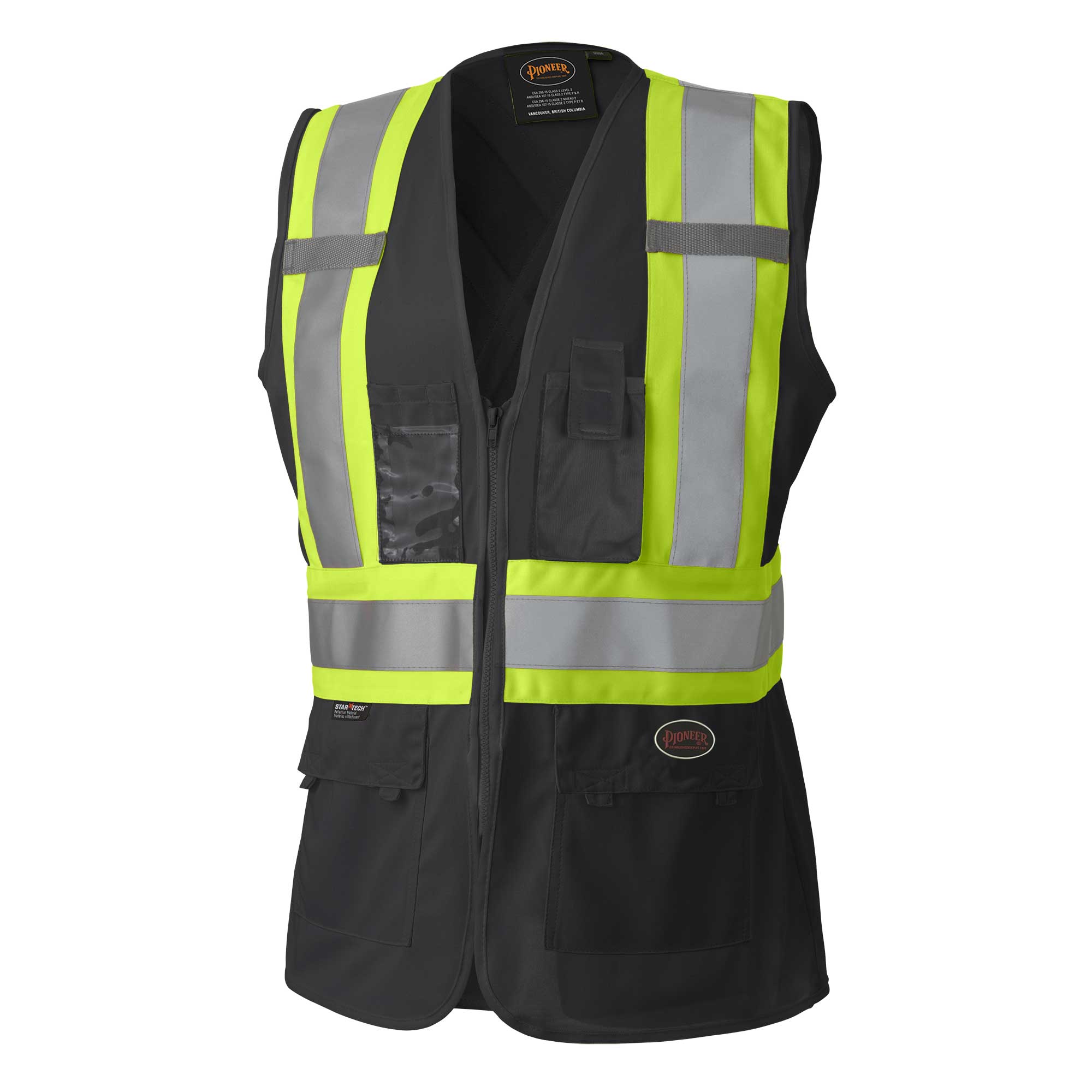 Women's Hi-Vis Tricot Poly Interlock Safety Vest – Zipper Closure – Black – L